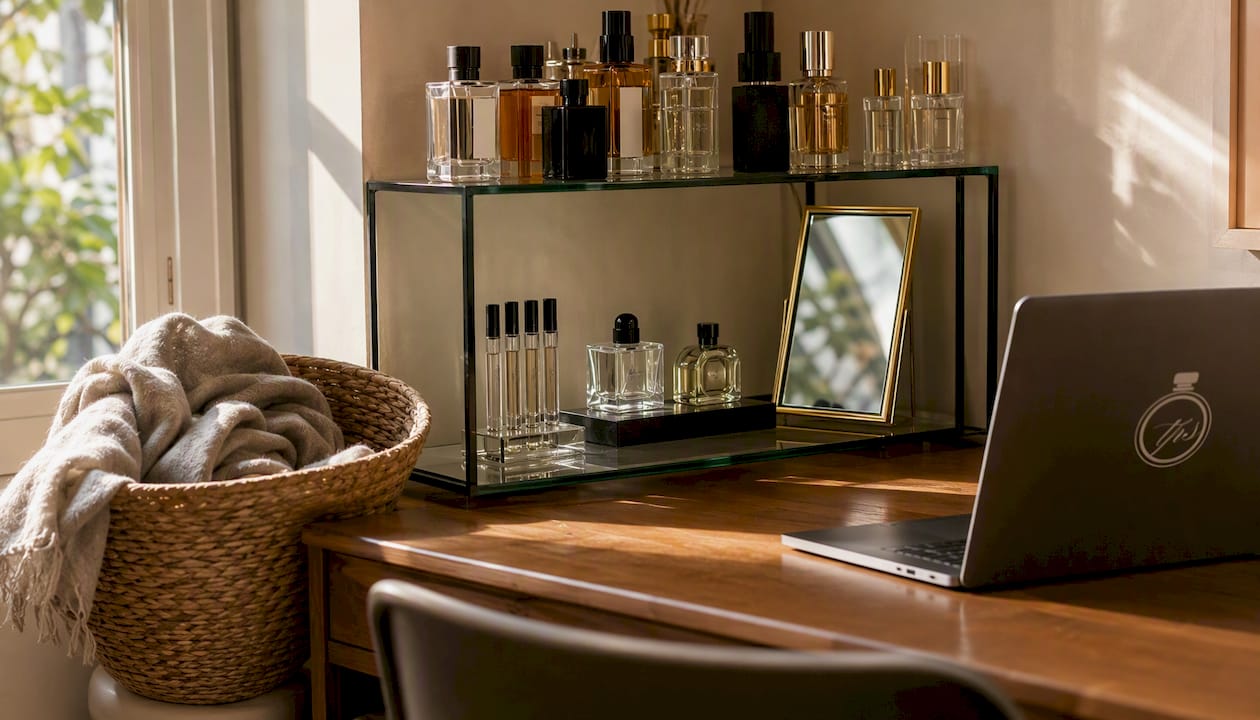 Neatly arranged fragrance collection on closet shelf