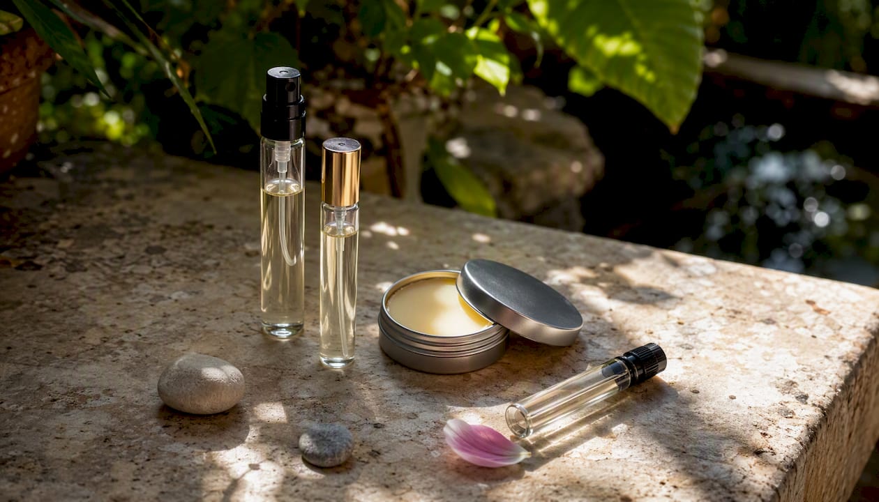 Portable fragrance format assortment flat-lay
