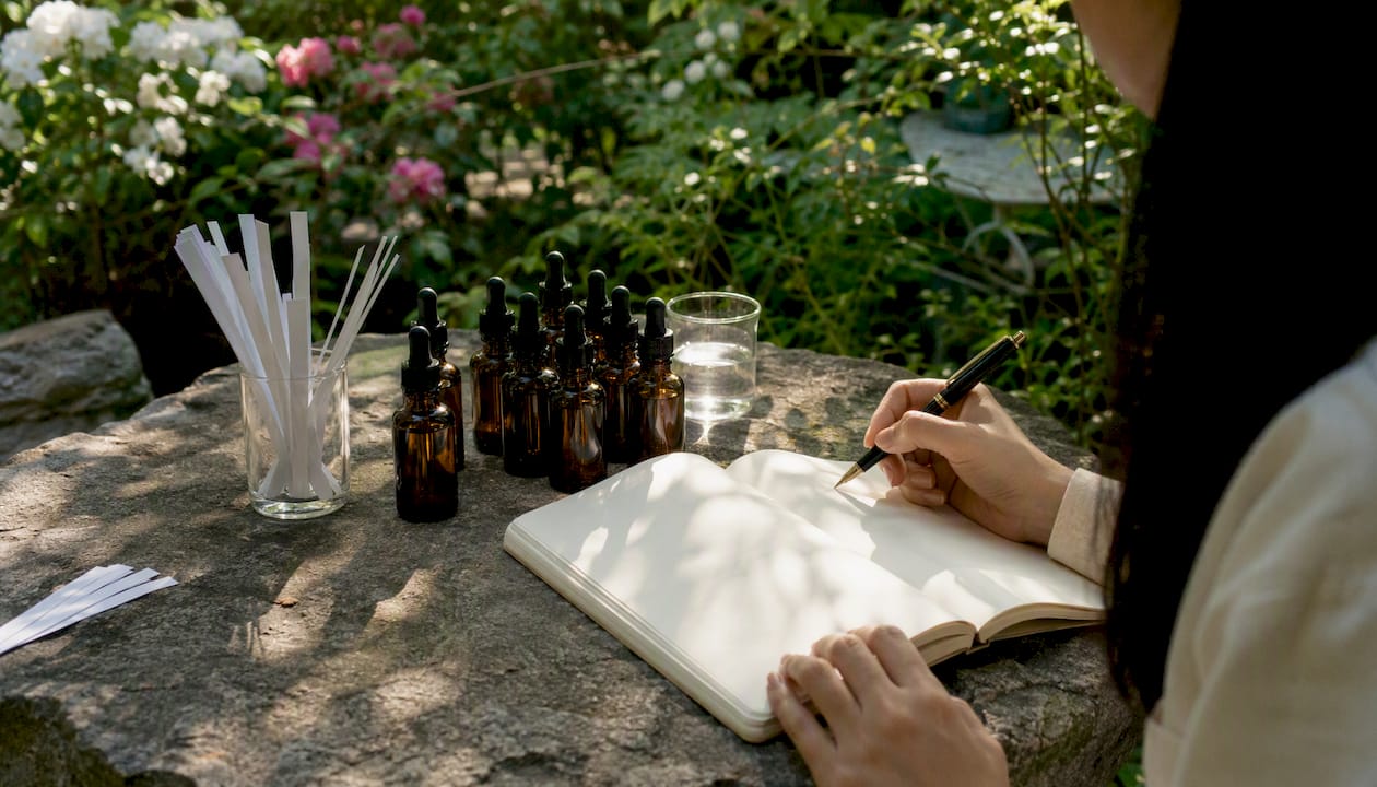 Writing fragrance notes near sample bottles