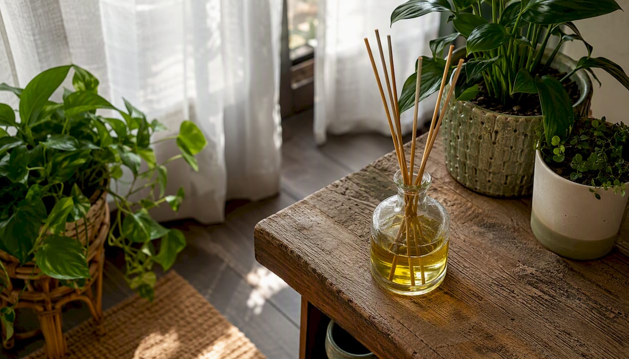 Reed diffuser with oil and sticks on table