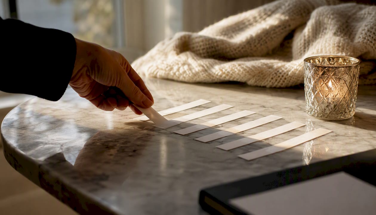 Sequentially misted scent blotters on table