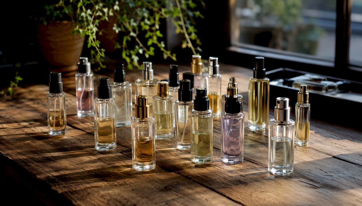 Array of fragrance vials representing scent families