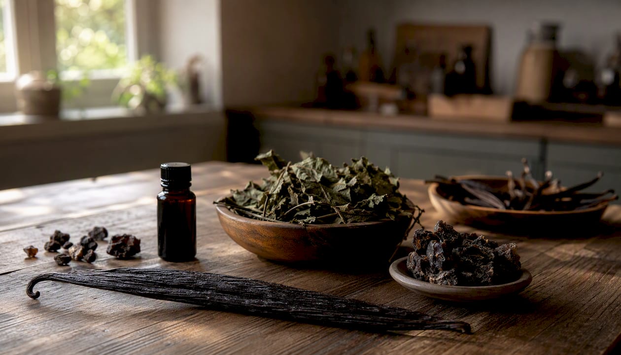 Raw ingredients of heavy vanilla and patchouli