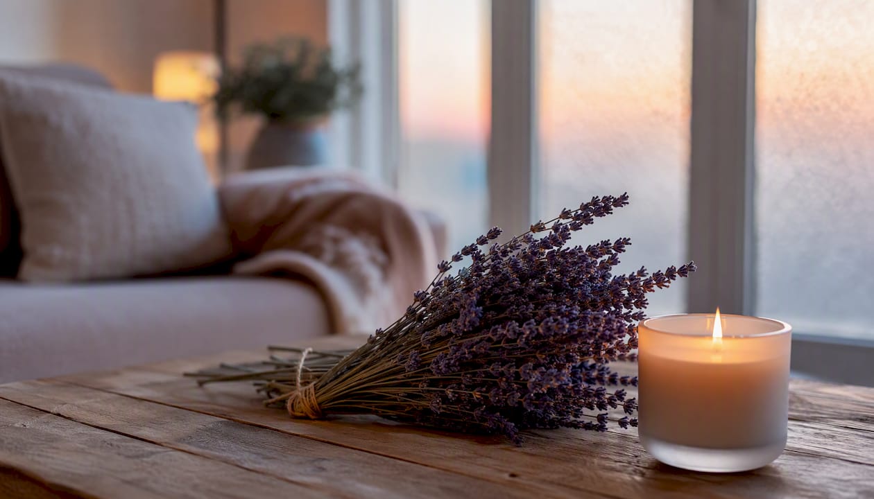 Lavender bouquet near lit candle