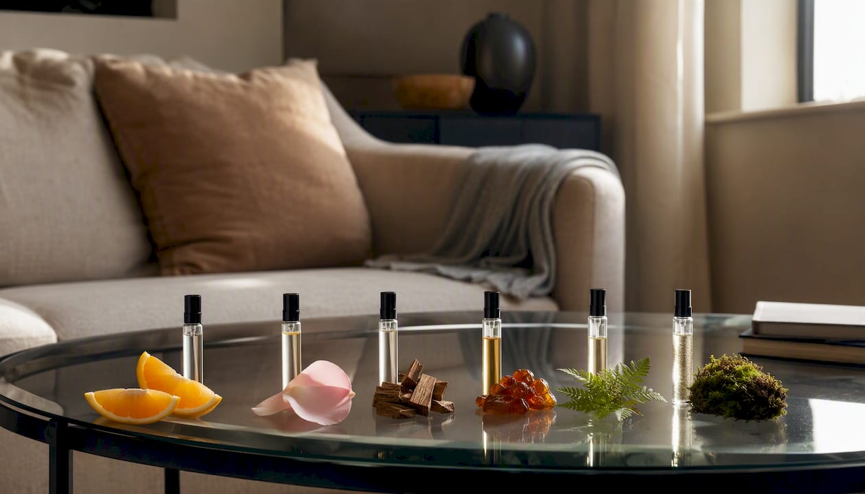 Arrangement of fragrance samples and natural scent elements