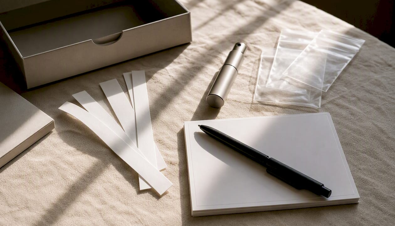 Minimalist fragrance testing kit flat lay