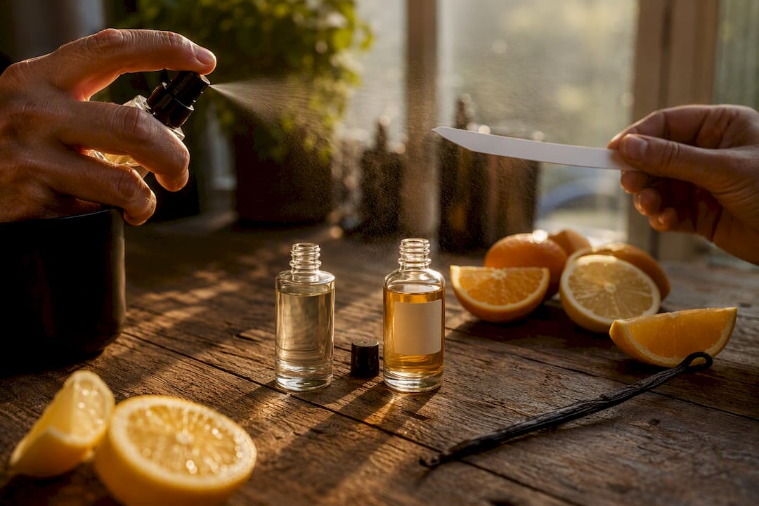 Spraying layered citrus and vanilla perfumes