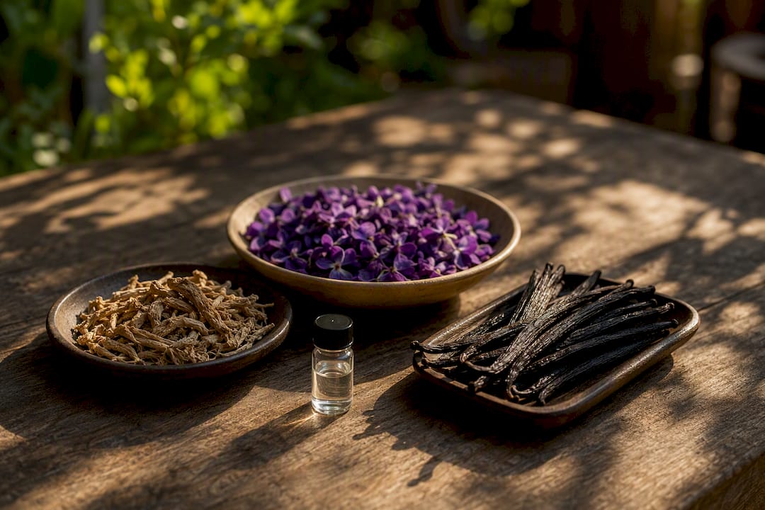 Raw materials for powdery fragrances flat lay
