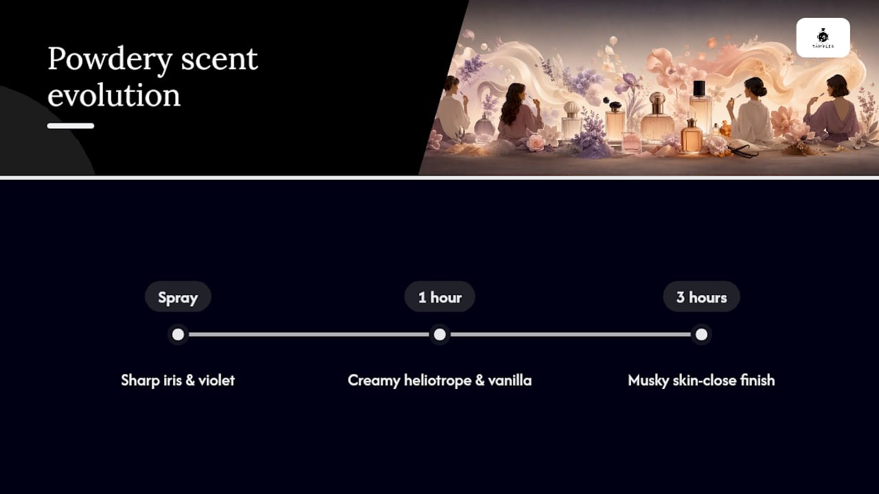 Timeline of powdery perfume scent evolution from spray to drydown