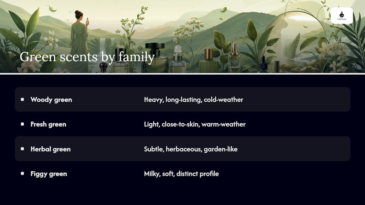 How green perfumes differ by fragrance family — overview diagram