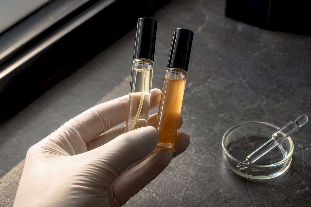 Comparing clear and darkened fragrance samples