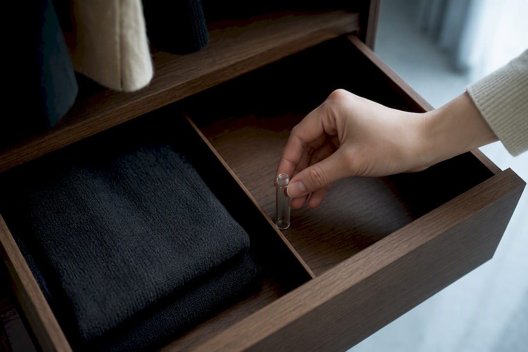 Anonymous fragrance decant stored in shaded drawer