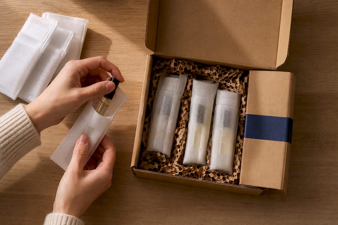 Hands packing fragrance decants securely