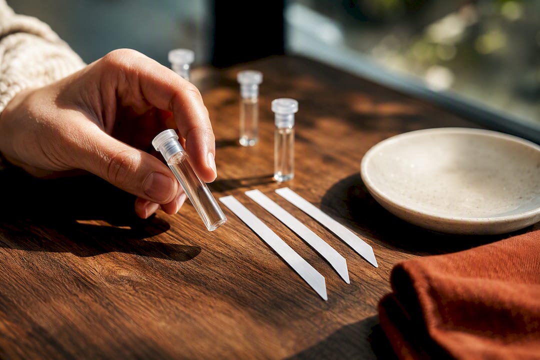 Hand comparing anonymous fragrance sample decants