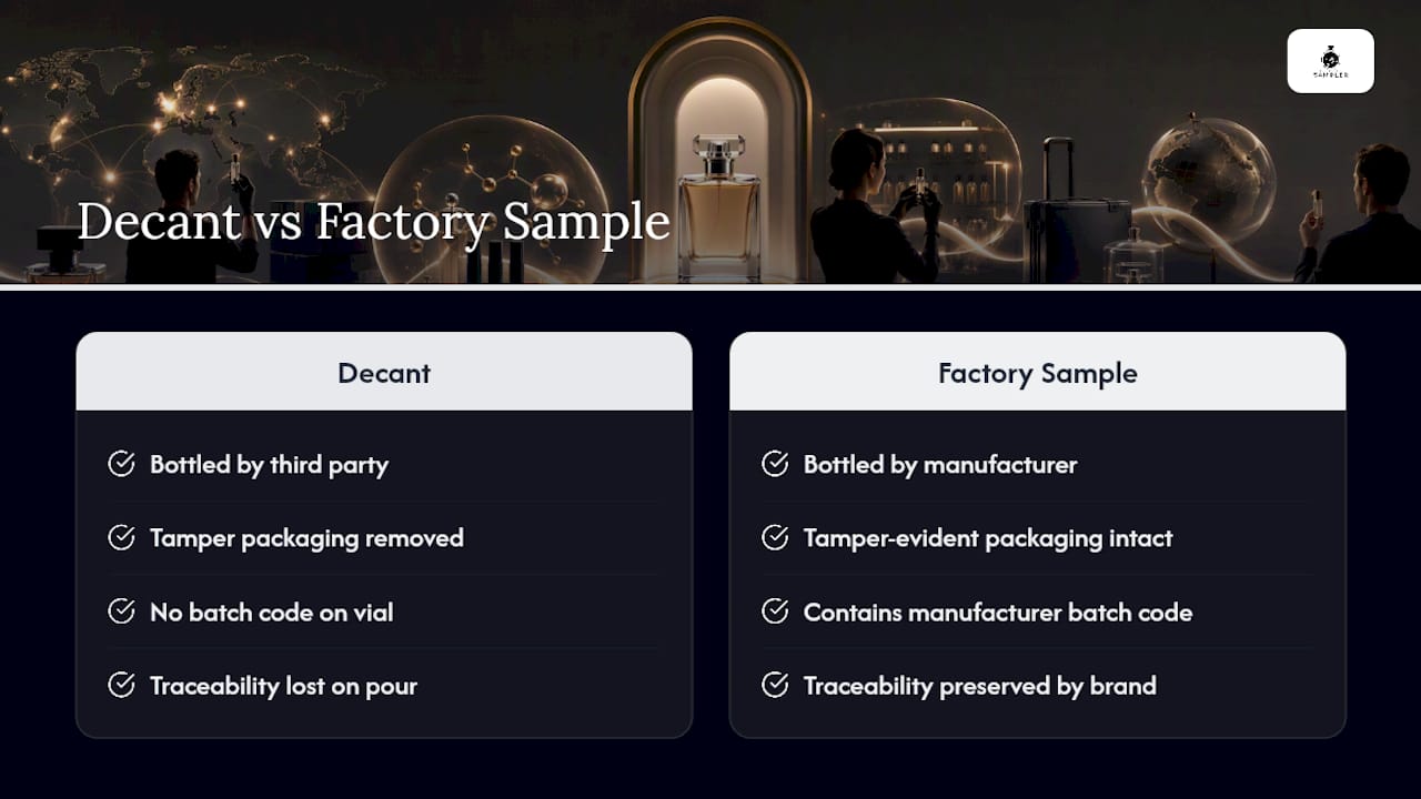 What is a decant, and how does it differ from a factory sample? — overview diagram