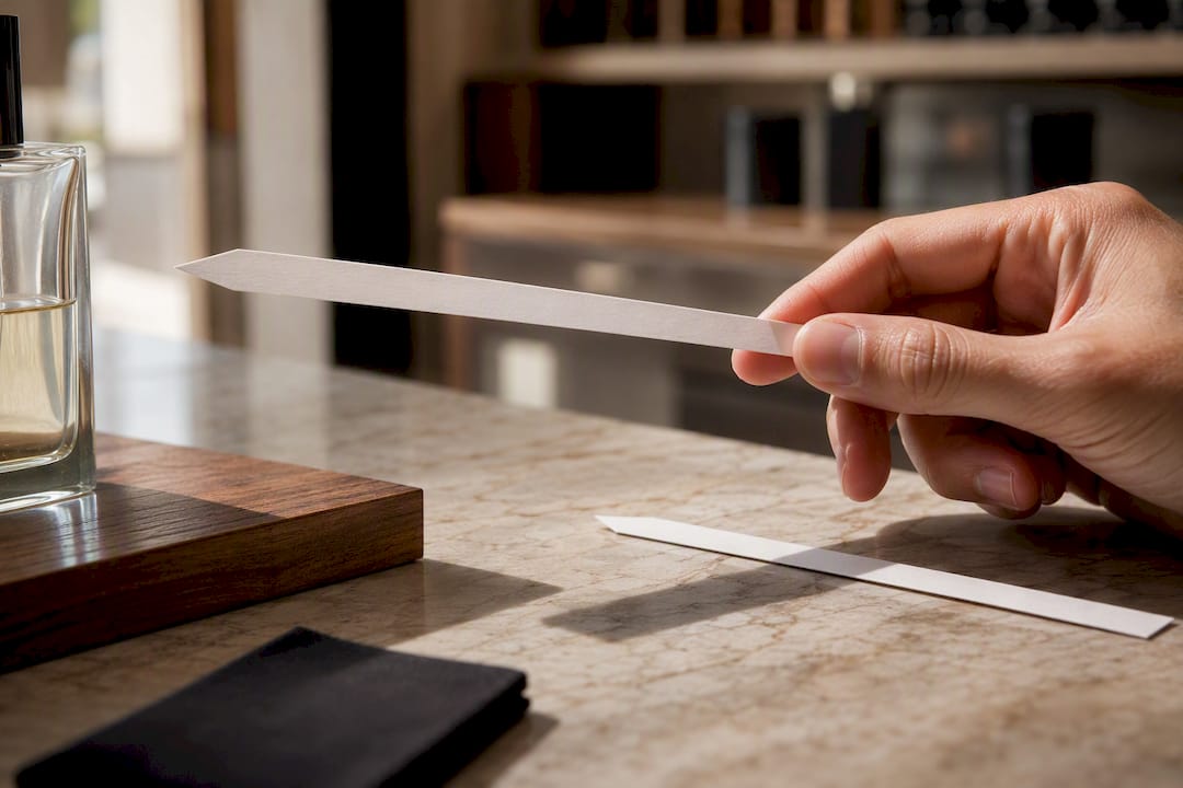 Hand smelling a fragrance tester blotter