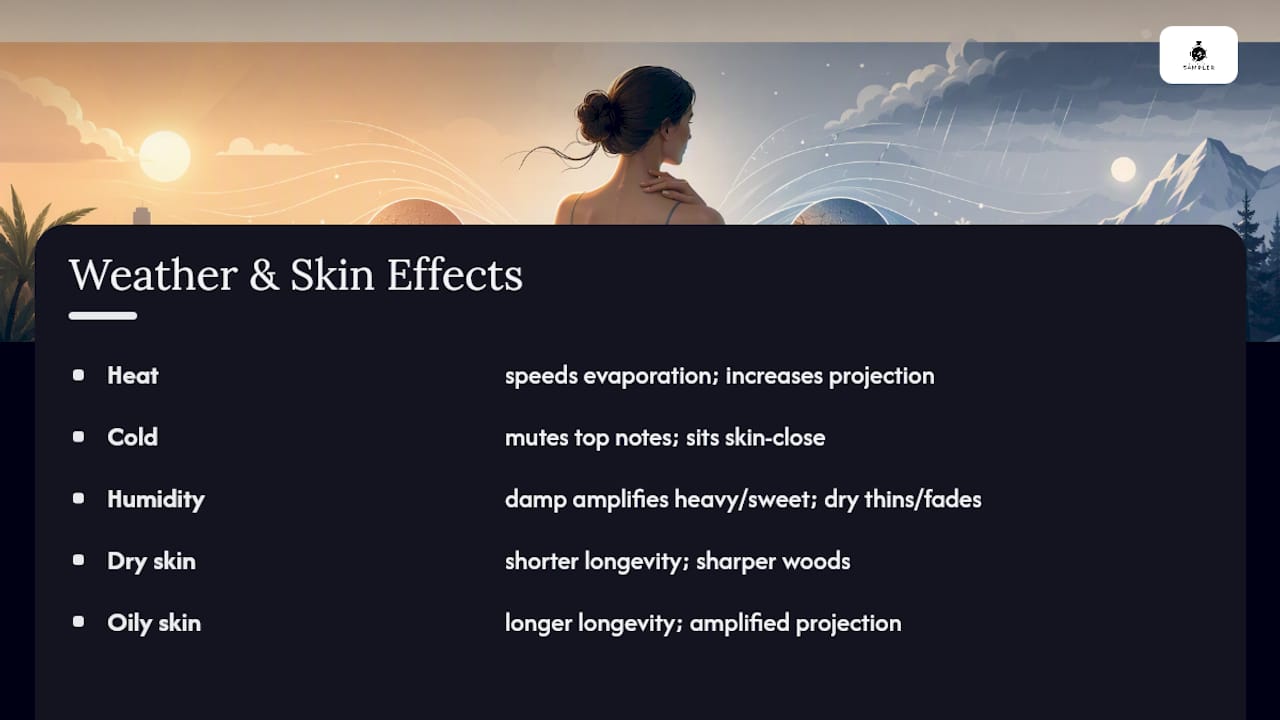 How weather and skin type change the way a fragrance wears — overview diagram