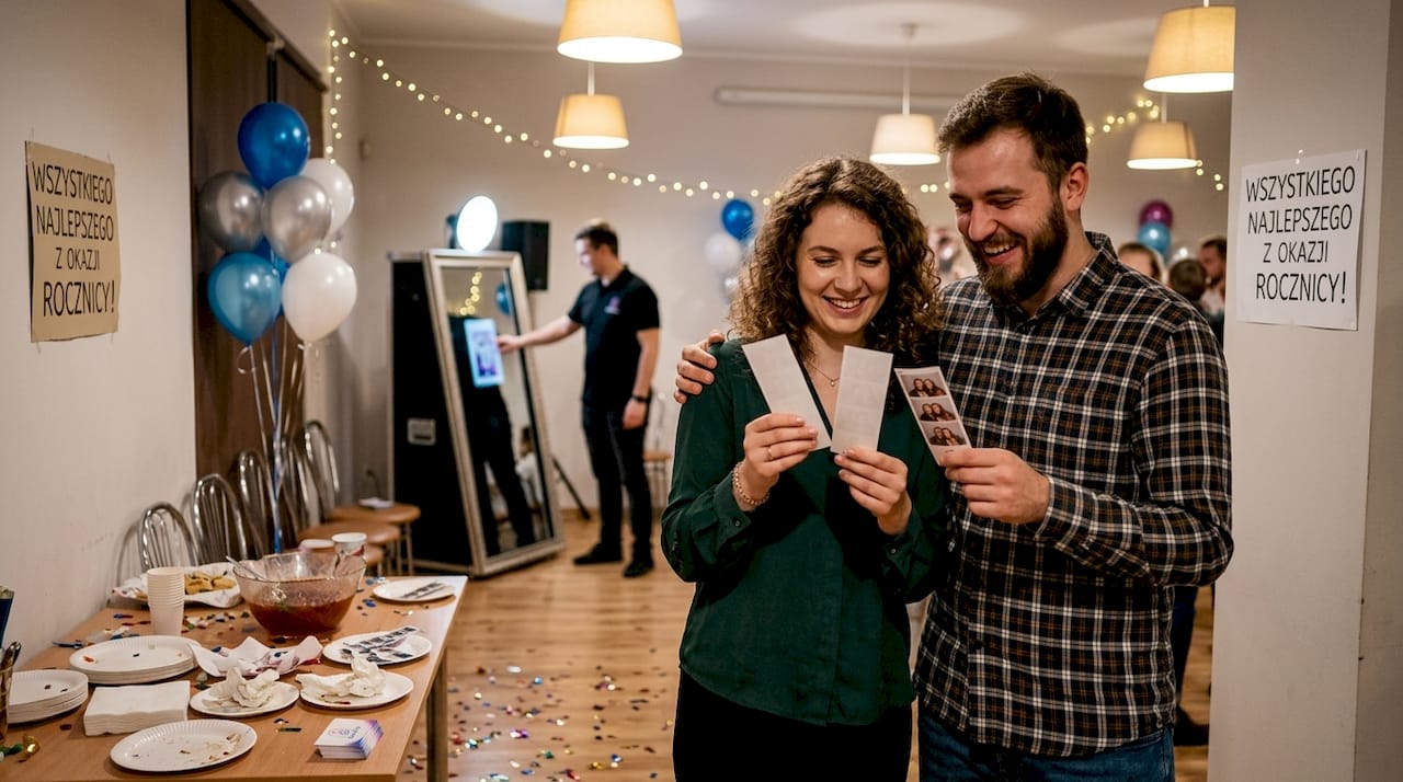 Grupa przyjaciół chwali się wydrukowanymi paskami zdjęć z imprezy.