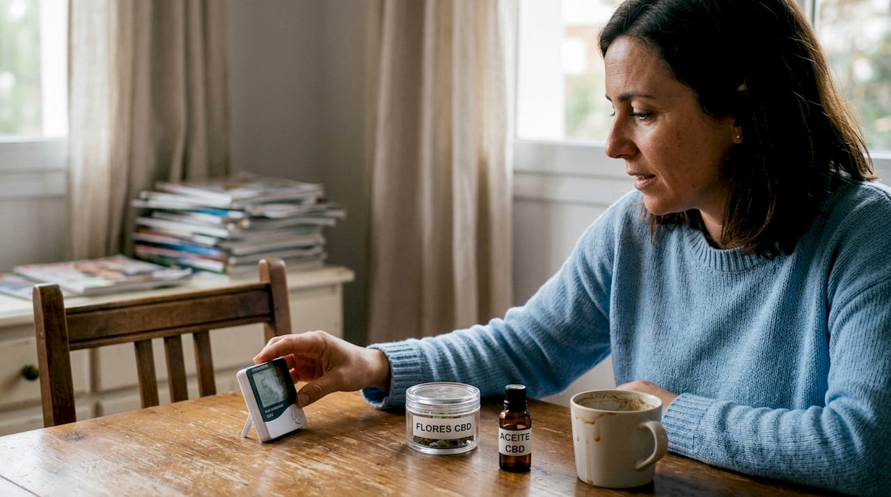 El paciente comprueba la temperatura junto a los productos de CBD.
