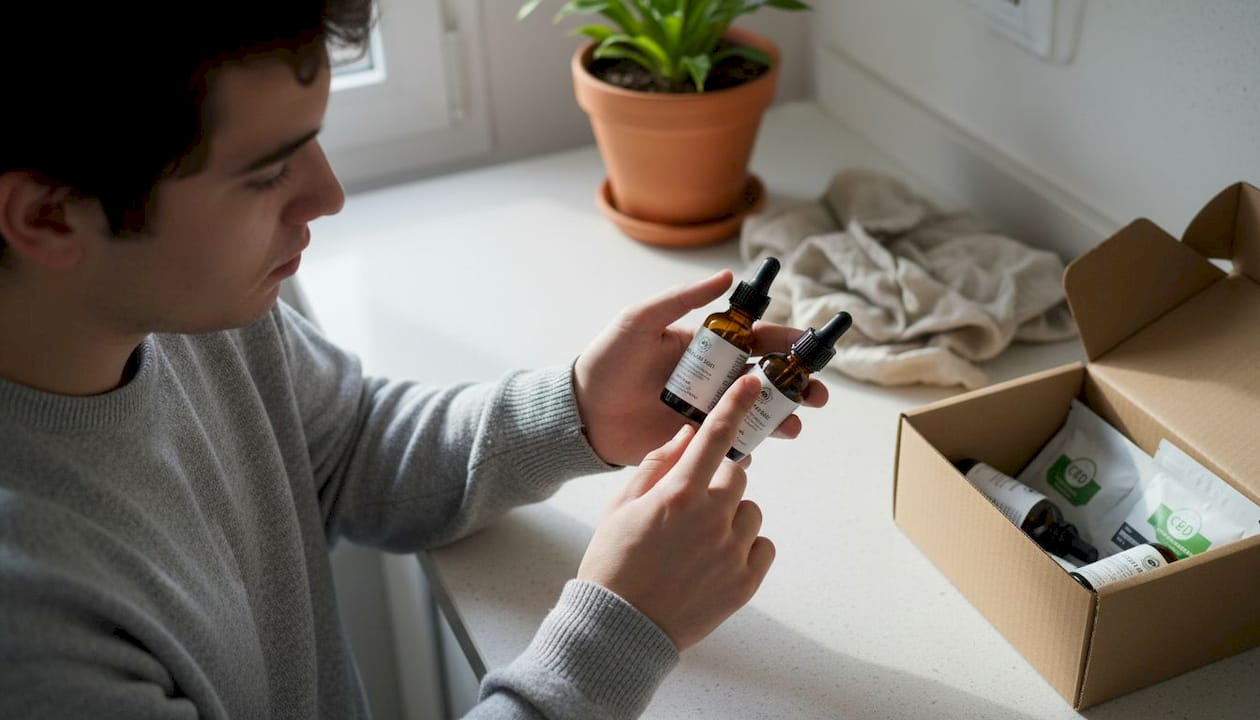 Persona evaluando diferentes aceites de CBD para usar en la cocina