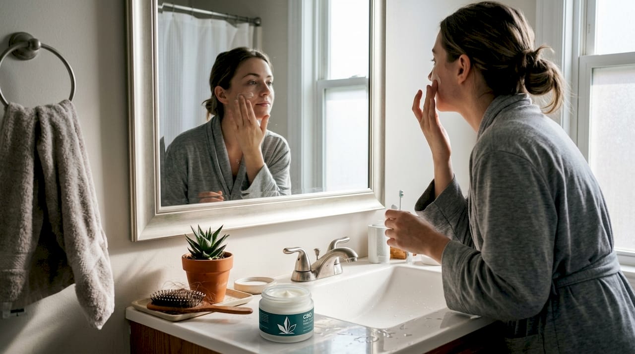 Una mujer se aplica crema con CBD mientras disfruta de un momento de relax en el baño.