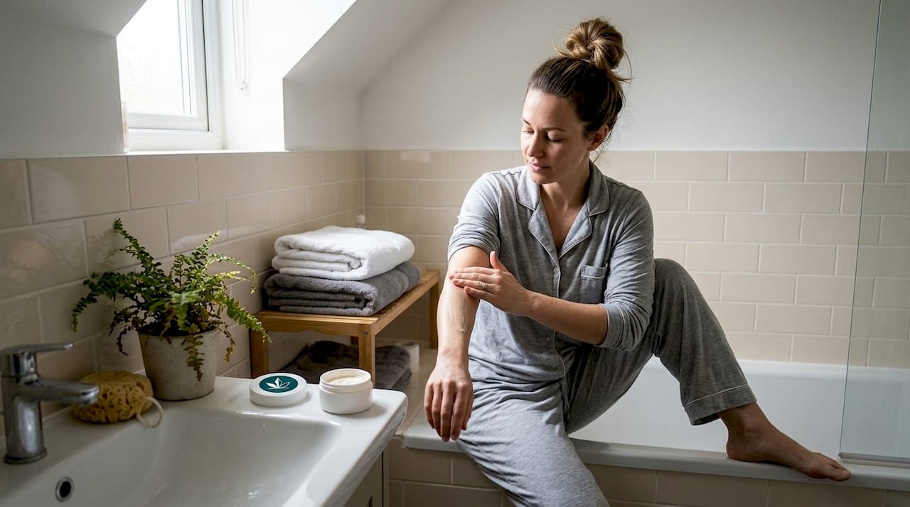 Una mujer se aplica crema de CBD mientras disfruta de un momento de relajación en el baño.