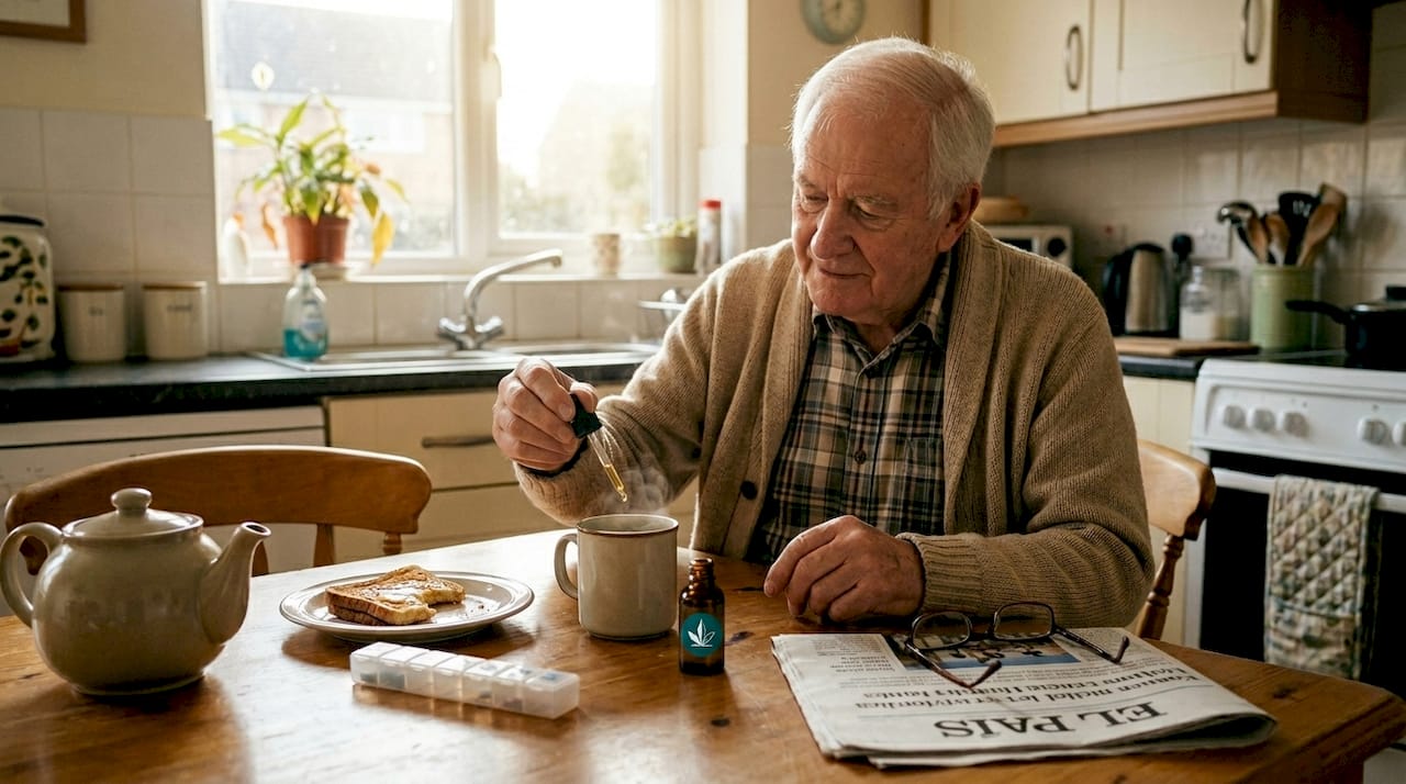 Un hombre mayor incorpora unas gotas de aceite de CBD a su té matutino para empezar el día con bienestar.