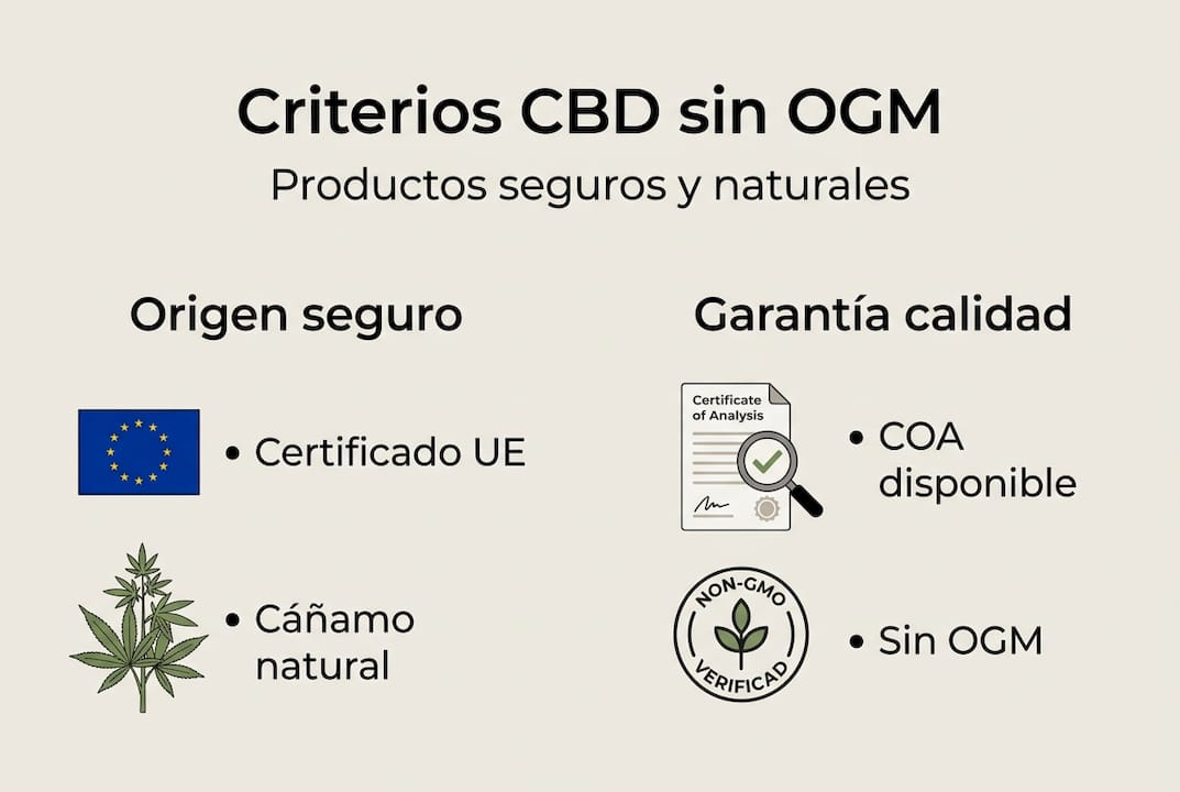 Infografía sobre los criterios de calidad y los beneficios del CBD libre de organismos modificados genéticamente