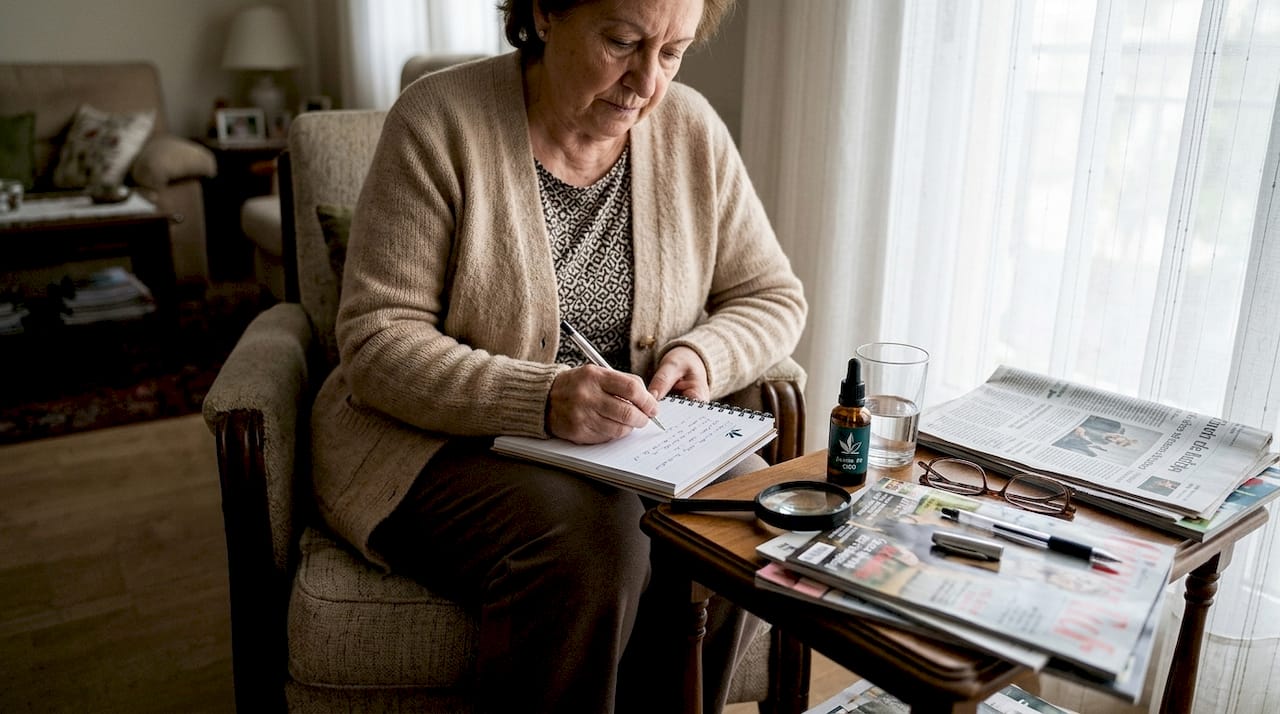 Señora mayor anotando la cantidad de CBD que toma