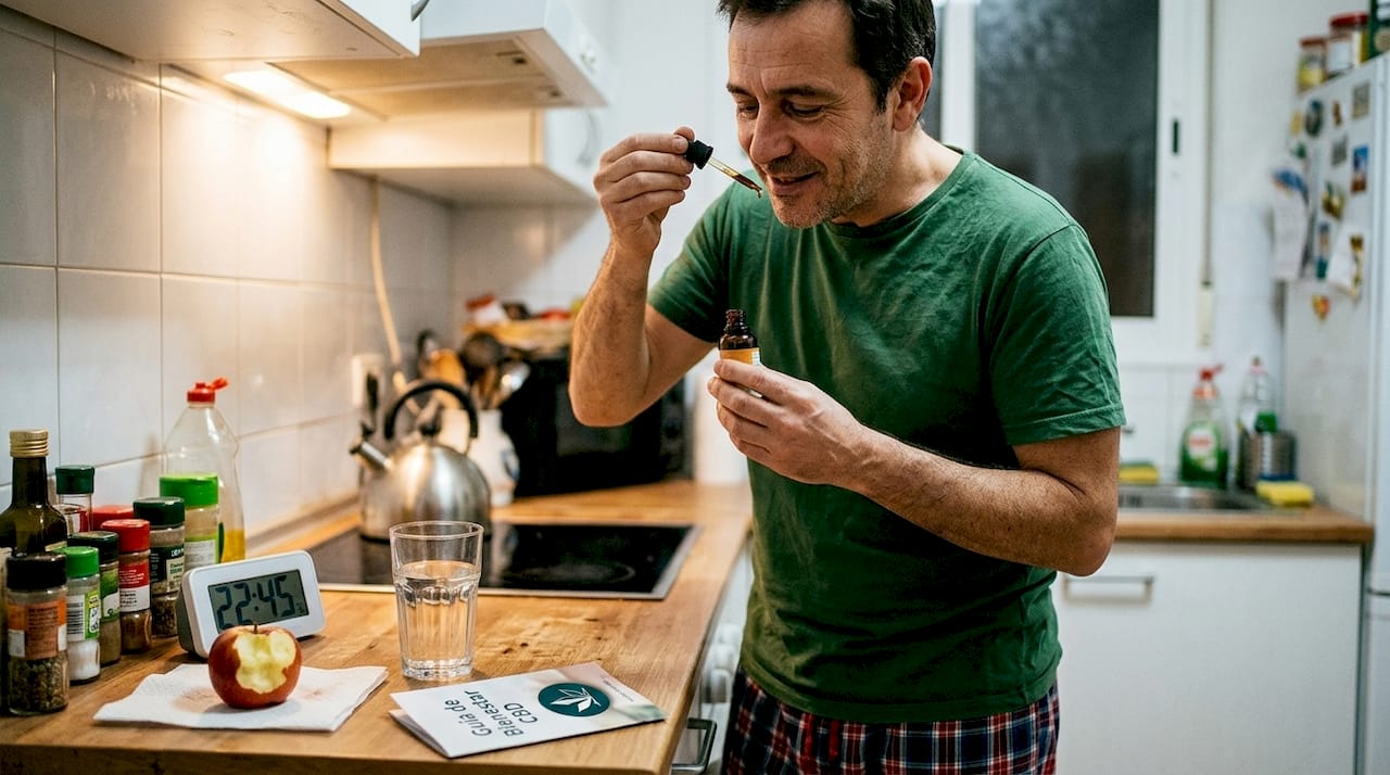 Hombre aplicándose aceite de CBD en la cocina antes de irse a dormir