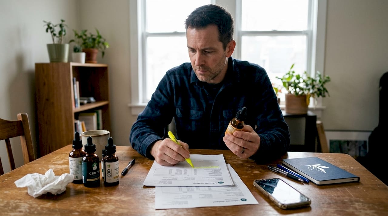 Hombre analizando productos de CBD y revisando documentación de laboratorio