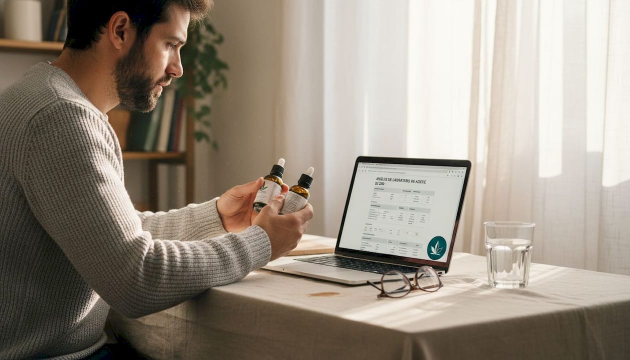 Hombre revisando y comparando diferentes opciones de aceites de CBD confiables