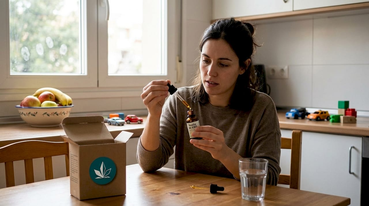 Una mujer revisa la etiqueta de un frasco de aceite de CBD en su casa