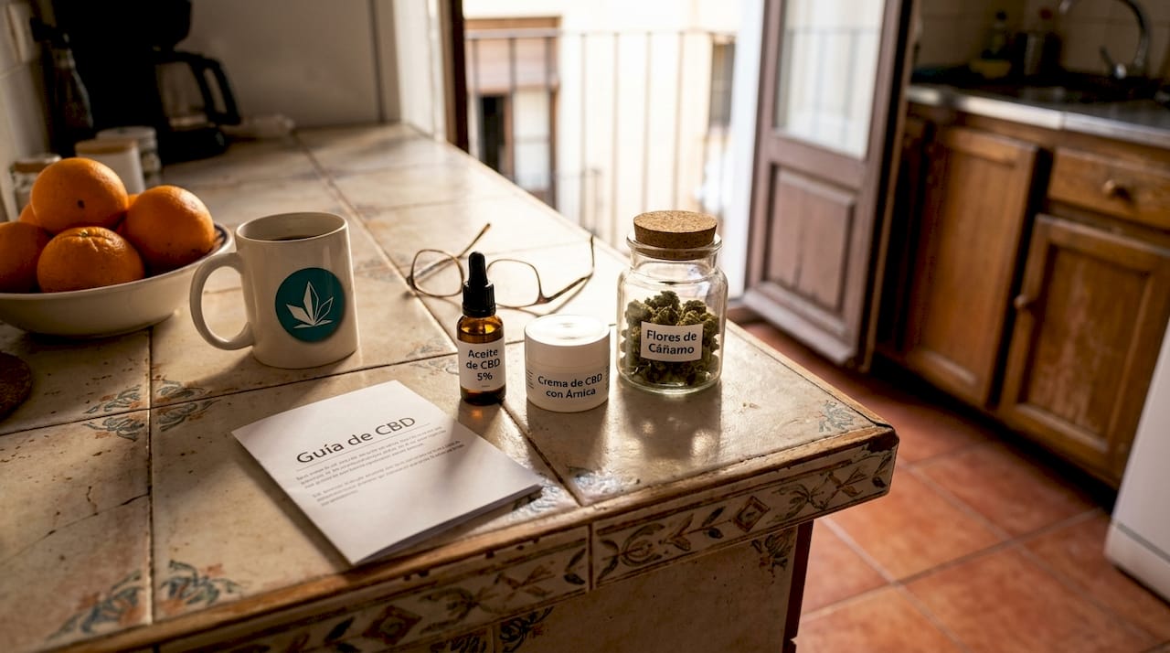 Aceites y cremas de CBD colocados sobre la encimera de una cocina española.