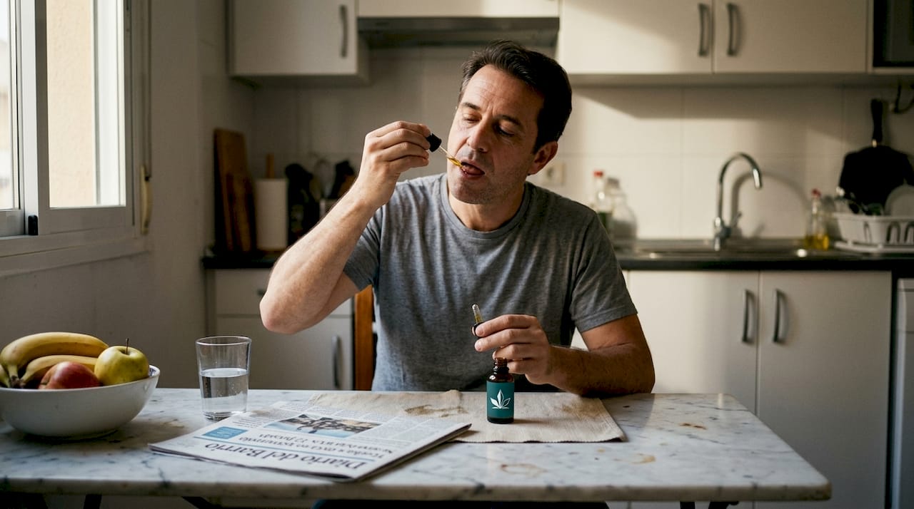 Hombre aplicándose aceite de CBD mientras está sentado en la mesa de su casa