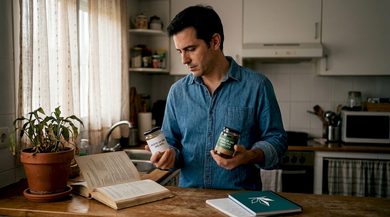 Un hombre revisa y compara dos envases de CBD mientras está en la cocina.