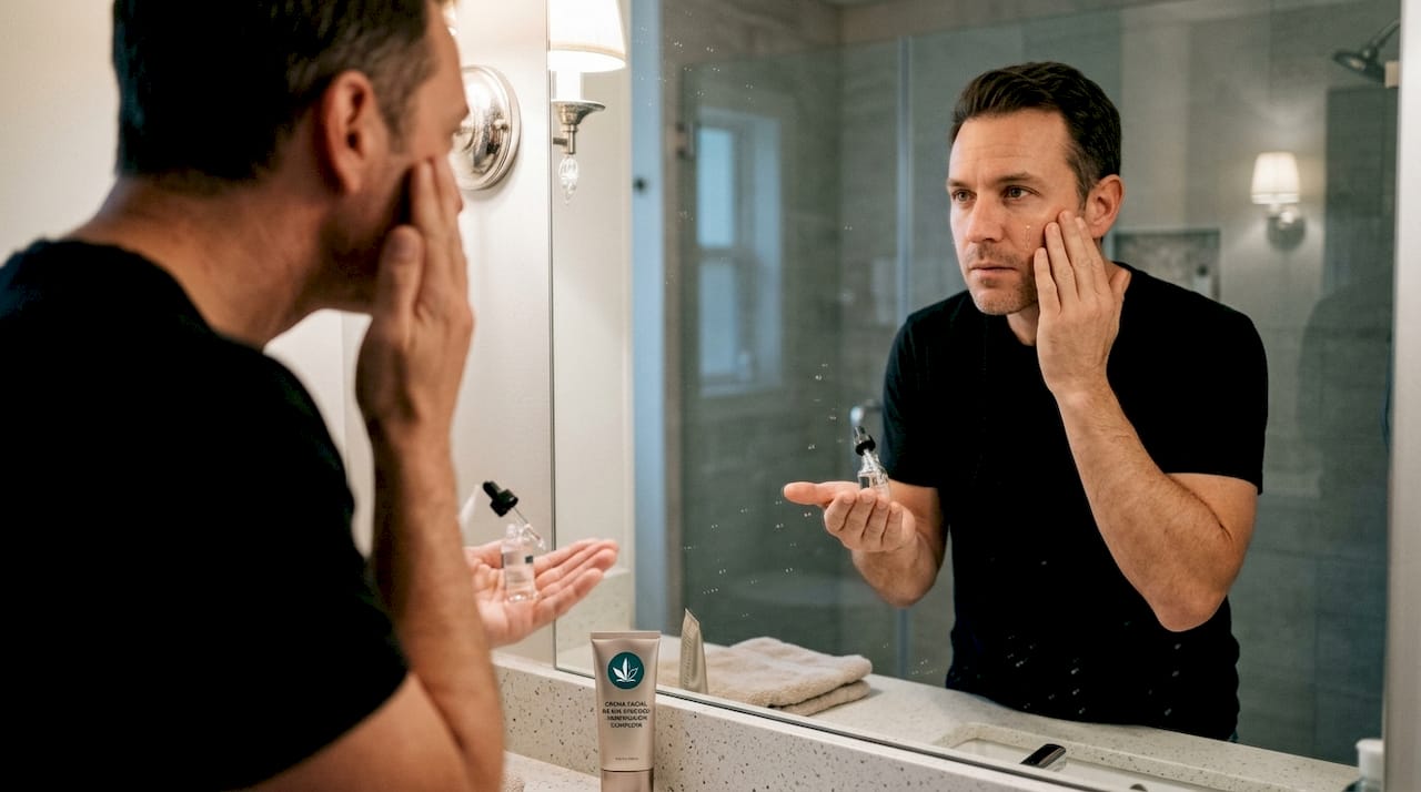 Hombre cuidando su piel con un sérum facial de CBD