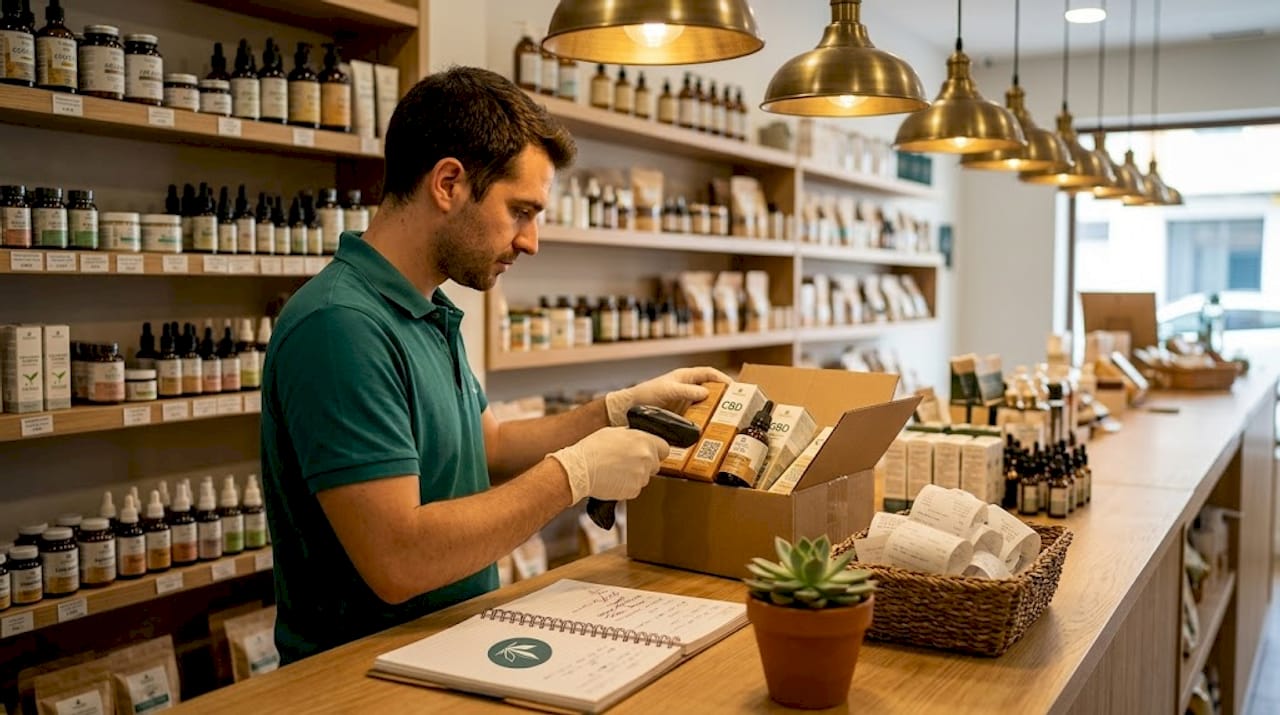 Un trabajador revisa la trazabilidad de los productos en una tienda de CBD.