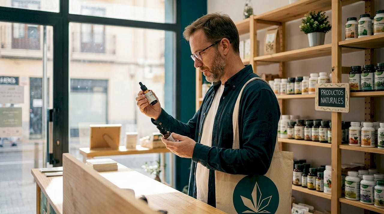 Hombre observando diferentes aceites en una tienda naturista