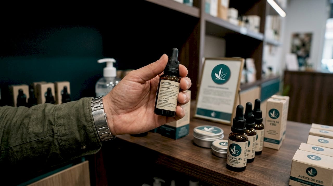 Una mano sostiene un frasco con etiqueta de aceite de CBD