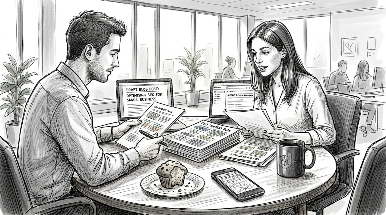 Coworkers collaborating on content plan in office