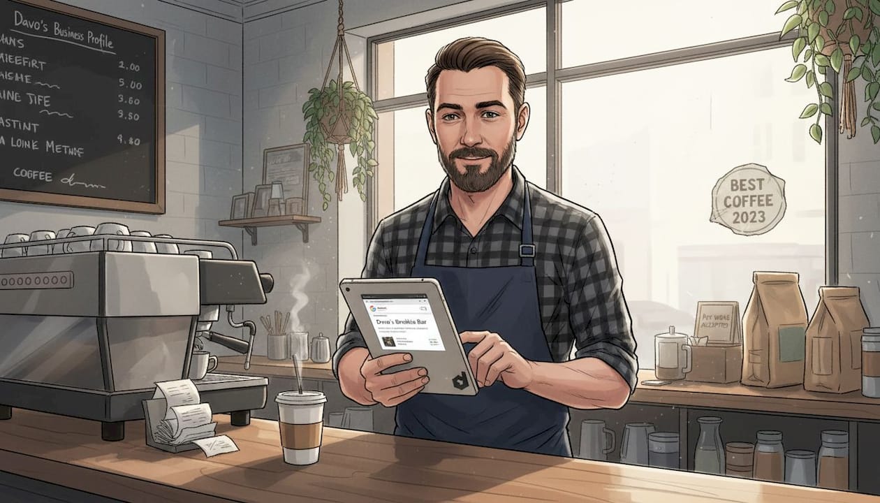 Café owner updating Google profile in café