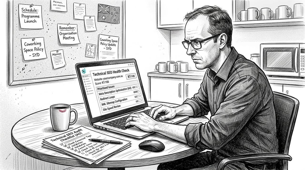 IT manager auditing technical SEO on laptop