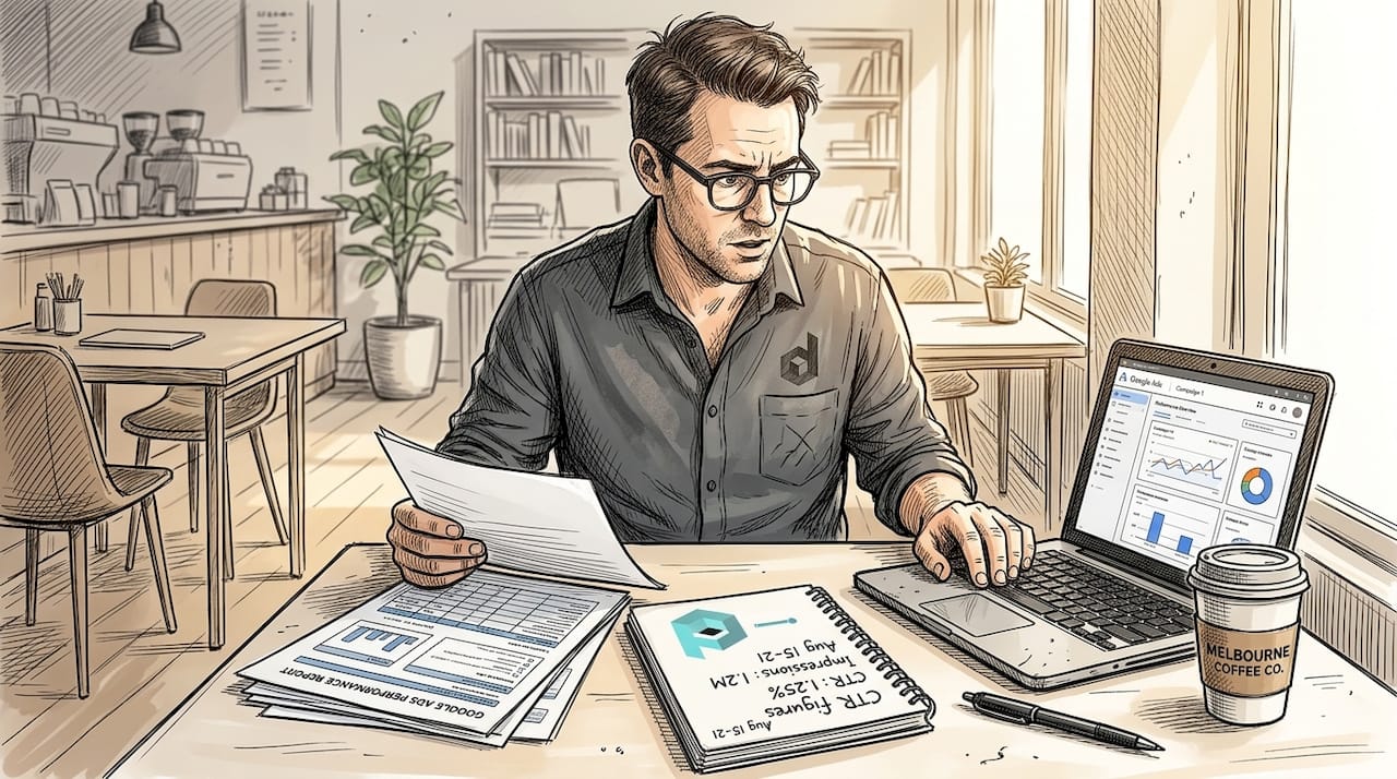 Worker analyzing PPC pricing at cafe table