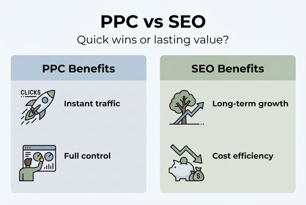 Infographic comparing PPC and SEO benefits