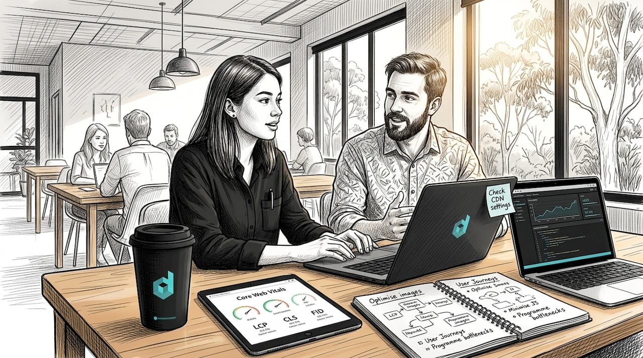 Team reviewing website speed in open office