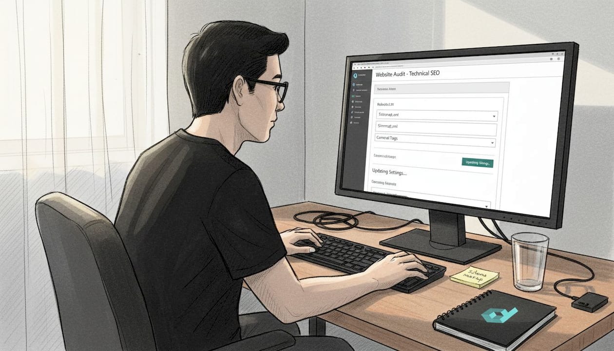 Web developer updates SEO settings at desk