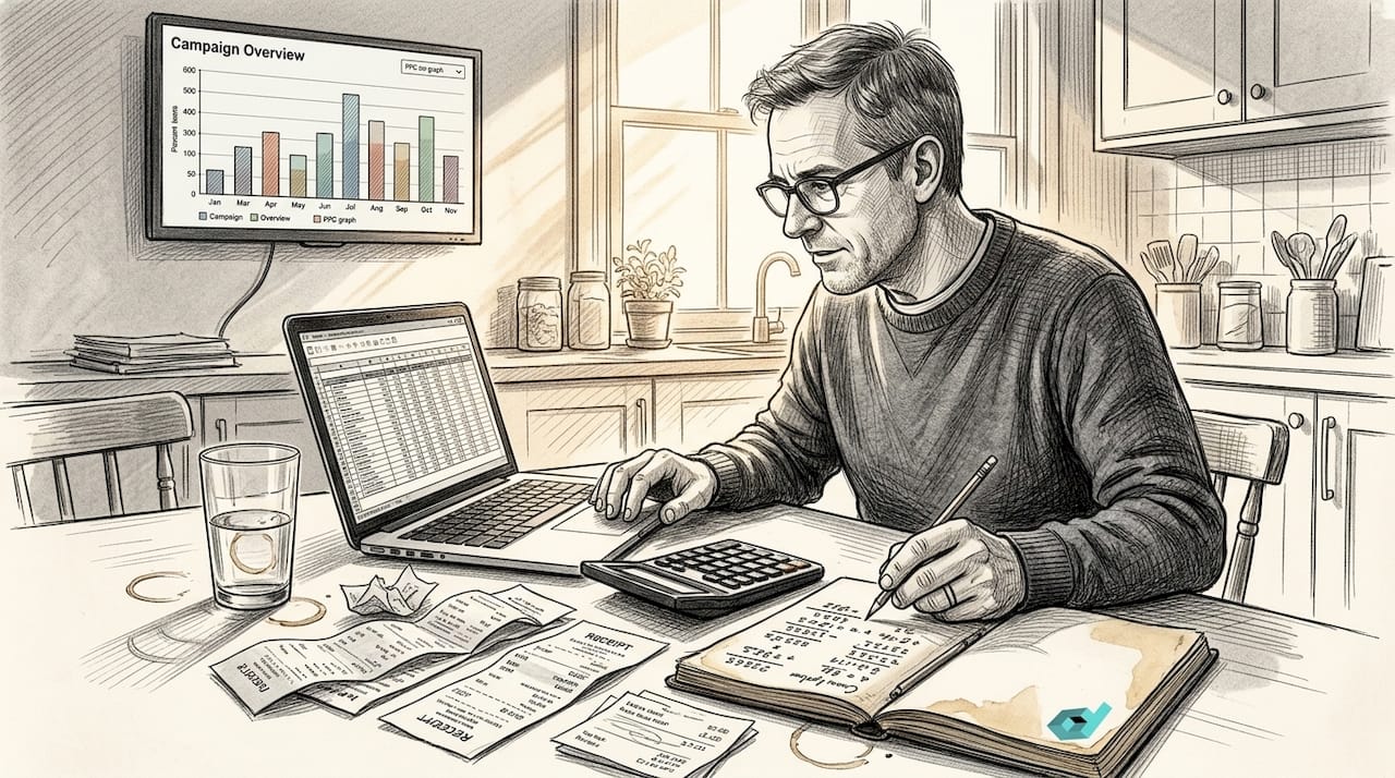 Man tracking advertising spend in kitchen