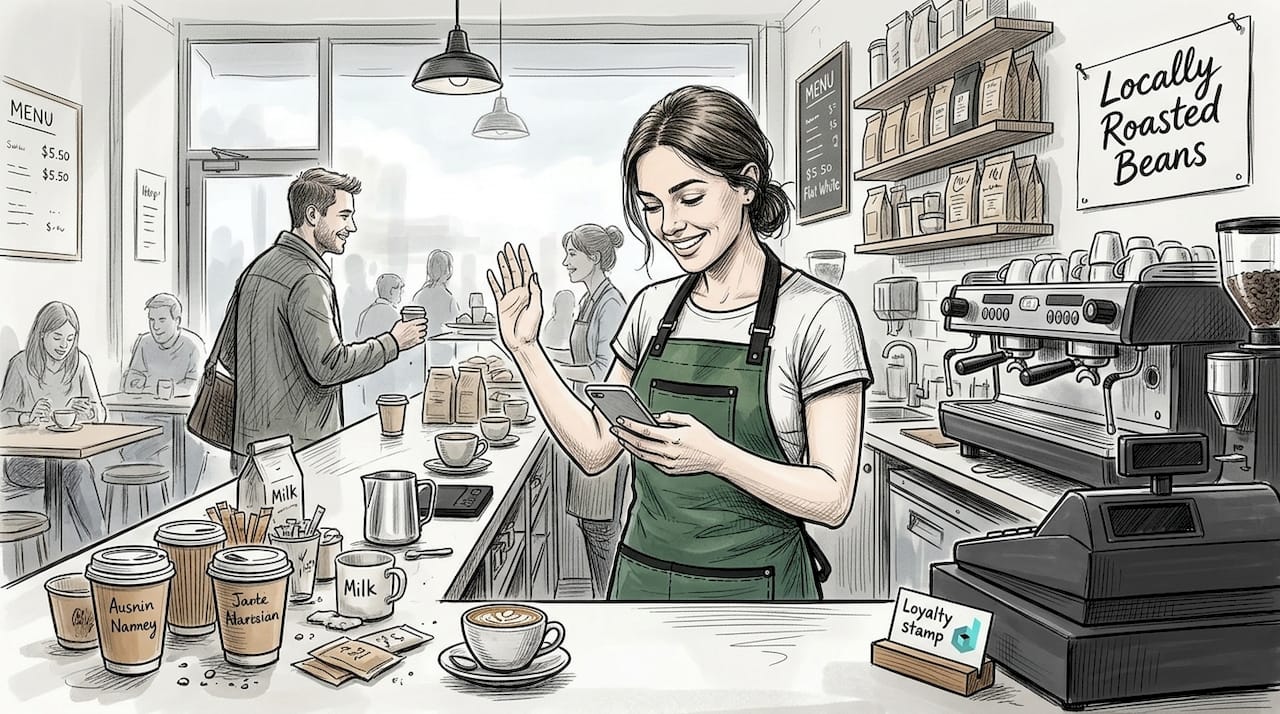 Barista checks customer review in café