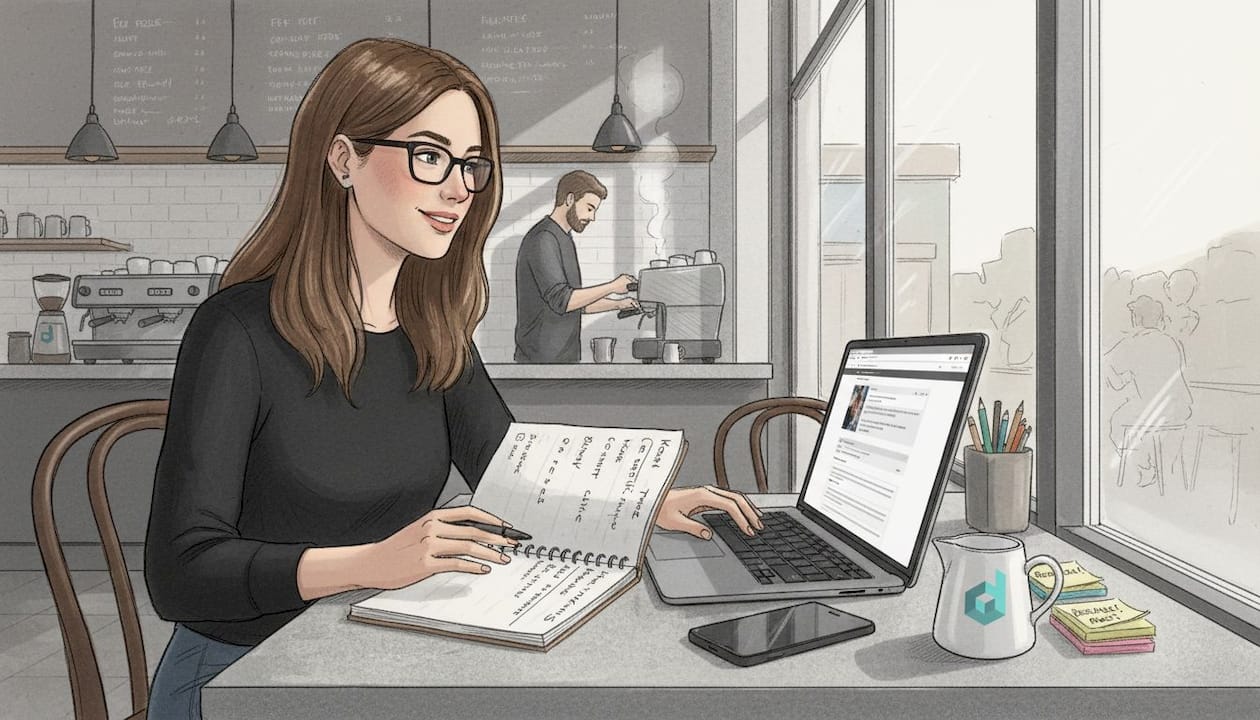 Content specialist writing website copy at café